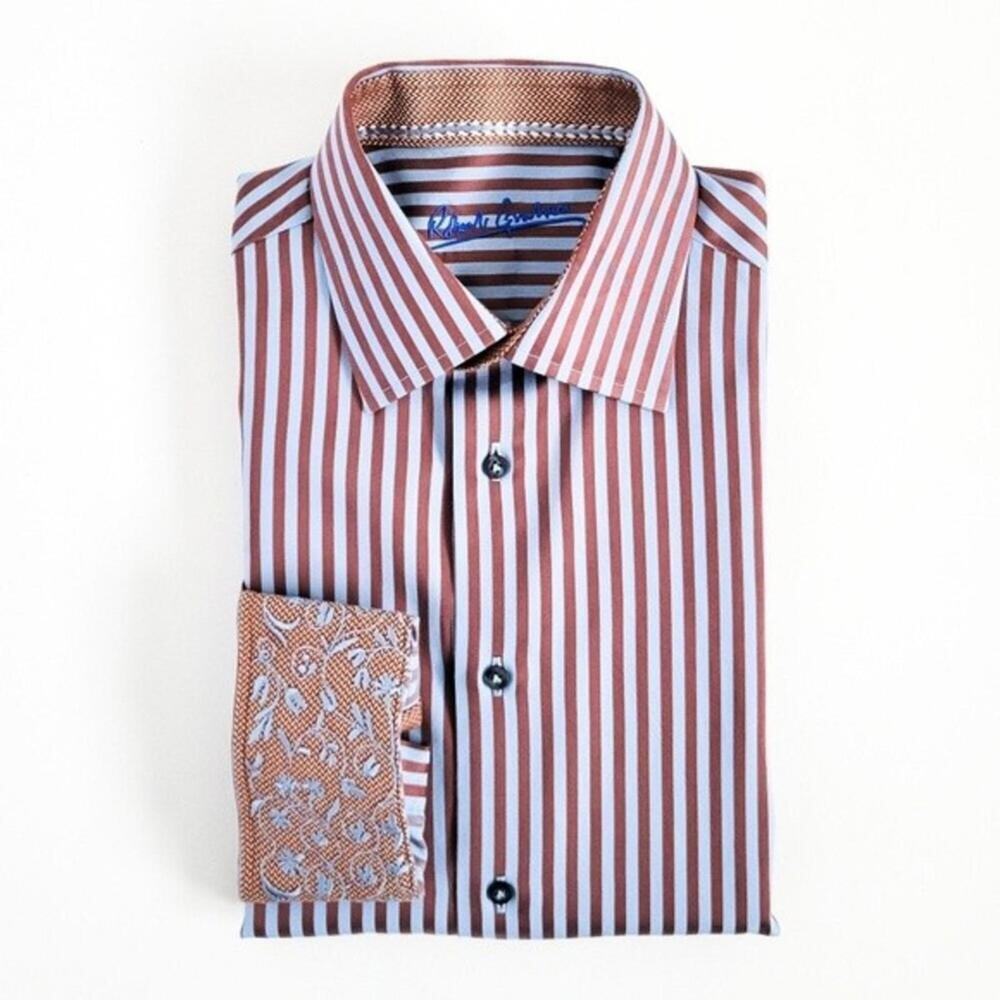 Robert Graham Shirt Twill Striped Button Up Flip Cuff Blue Brown Mens S